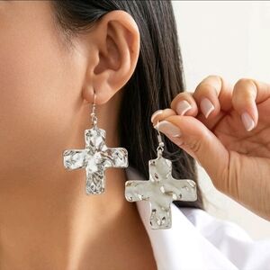 Silver Hammered Cross Drop Earrings